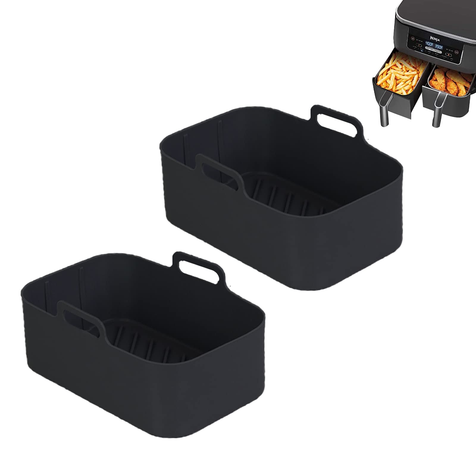 2PCS Air Fryer Silicone Pot Liners for Ninja Foodi Dual DZ201 - Reusable Non-Stick Rectangle Basket (8QT) - Black Air Fryer Accessories for Healthy Cooking & Easy Cleanup - Perfect for Roasting, Baking & Frying Vegetables, Chicken Wings & Snacks