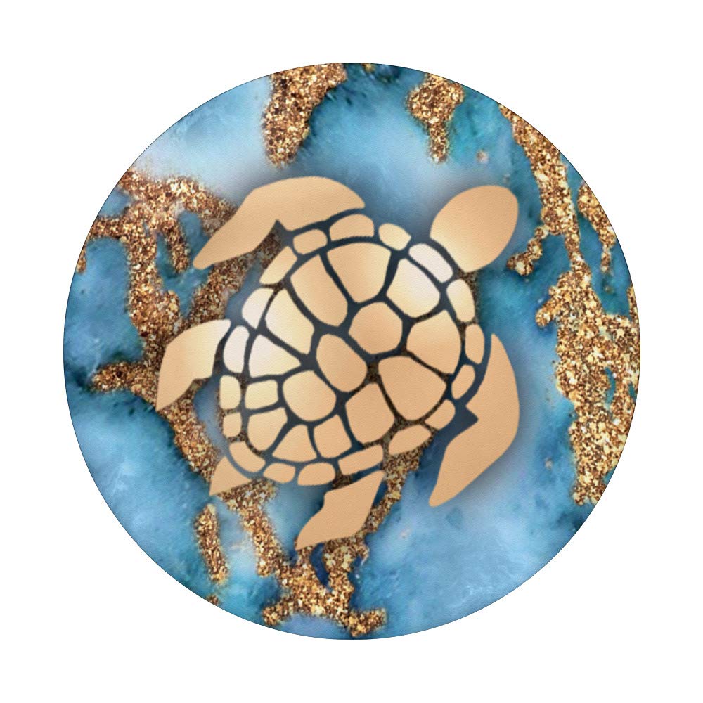 Sea Turtle Golden Grip PopSocket - Light Blue Marbled Design, Swappable Phone & Tablet Grip for Secure Hold, Perfect for Travel, Work, and Everyday Use