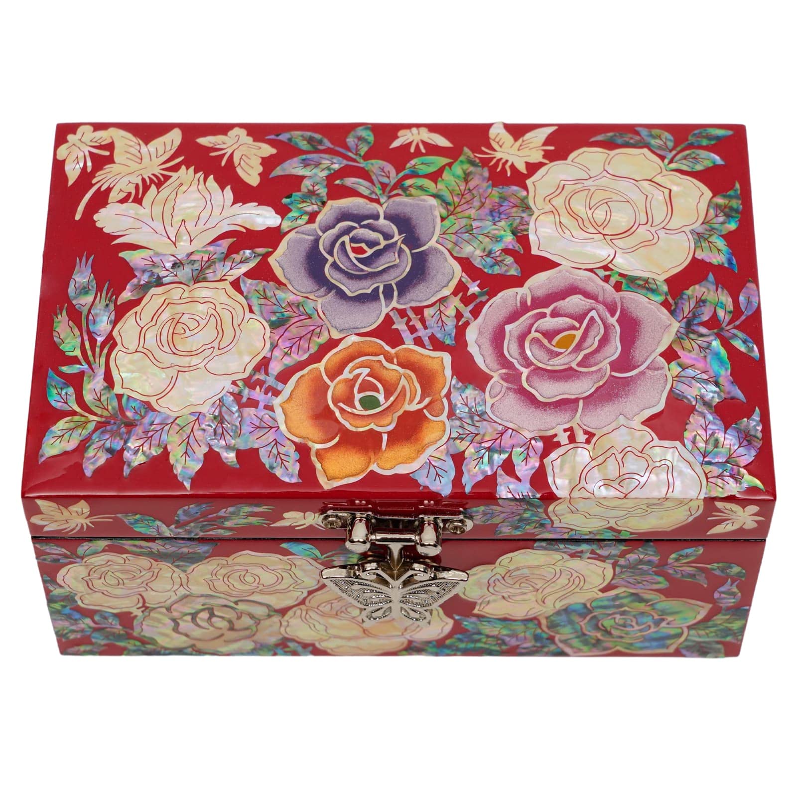 Handcrafted Korean Mother-of-Pearl Jewelry Box with Lacquer Finish - 2-Tier Storage Organizer with Mirror - Perfect Gift for Valentine's Day, Mother's Day & Birthdays - Elegant Home Decor for Dresser & Vanity (Red)
