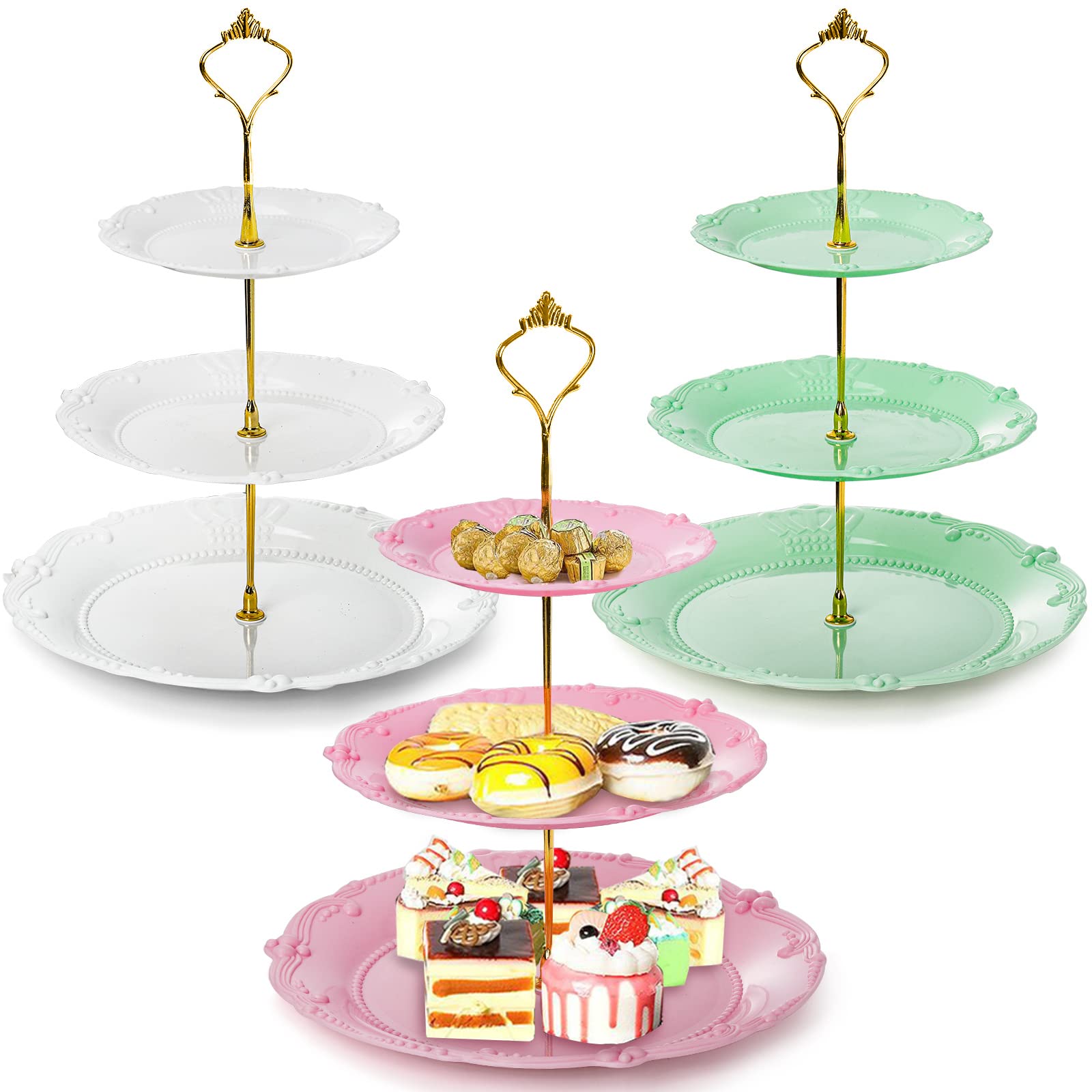 Fasmov 3-Pack 3-Tier Plastic Cupcake Stand - Reusable Dessert Display Tower for Cakes, Fruits & Candies | Perfect for Wedding, Birthday, Baby Shower & Tea Party Decorations (White, Pink, Green) - Elegant Dessert Serving Solution for Home, Bakery & Catering Events