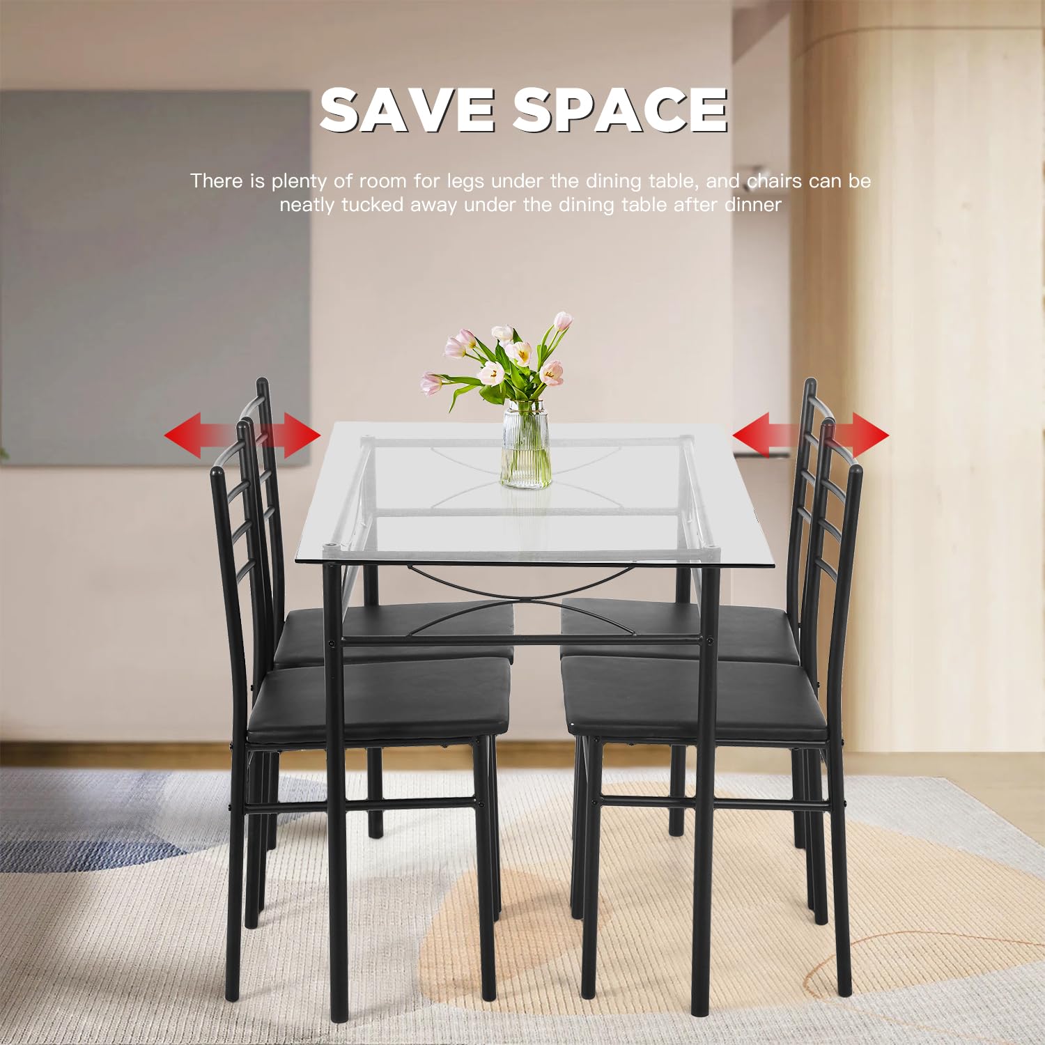 **PayLessHere 5-Piece Modern Dining Set - Glass Top Table & 4 Metal Leg Chairs for Kitchen, Breakfast Nook, or Small Space | Perfect for Family Meals & Entertaining Guests**