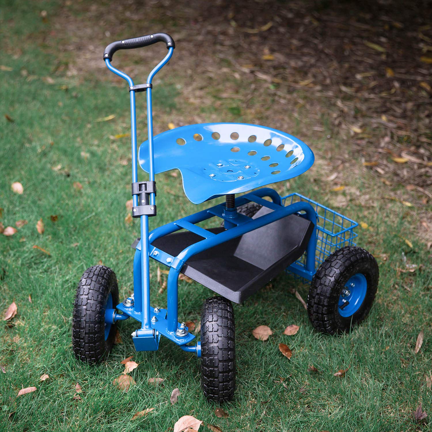 Heavy Duty Rolling Garden Cart Scooter Stool with Seat & Wheels - Adjustable Handle 360° Swivel Mobility Scooter - Perfect for Gardening, Landscaping & Outdoor Chores (Blue)