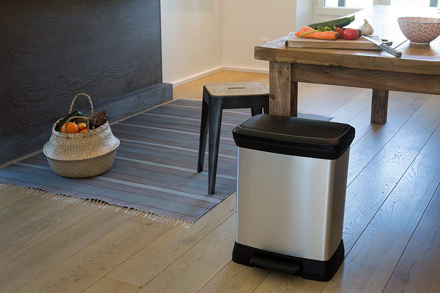 Curver Metal Effect 70% Recycled 30L Dual Compartment Kitchen Recycling Bin with Pedal Touch - Silver | Eco-Friendly Waste Bin for Kitchen, Office & Home Decor