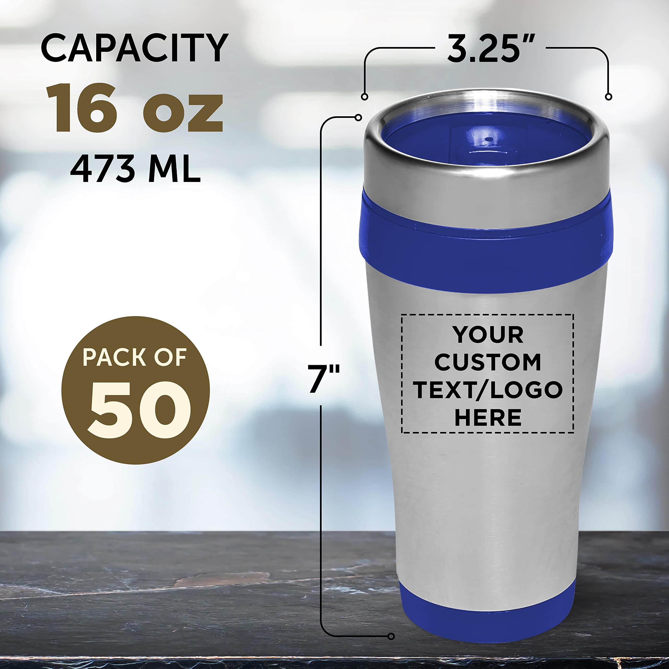 Custom Insulated Stainless Steel Travel Mugs 16 oz (50-Pack) - Personalized Bulk Coffee Cups for Hot & Cold Beverages - Reusable Drinkware for Office, Events, Promotions & Gifts - Blue