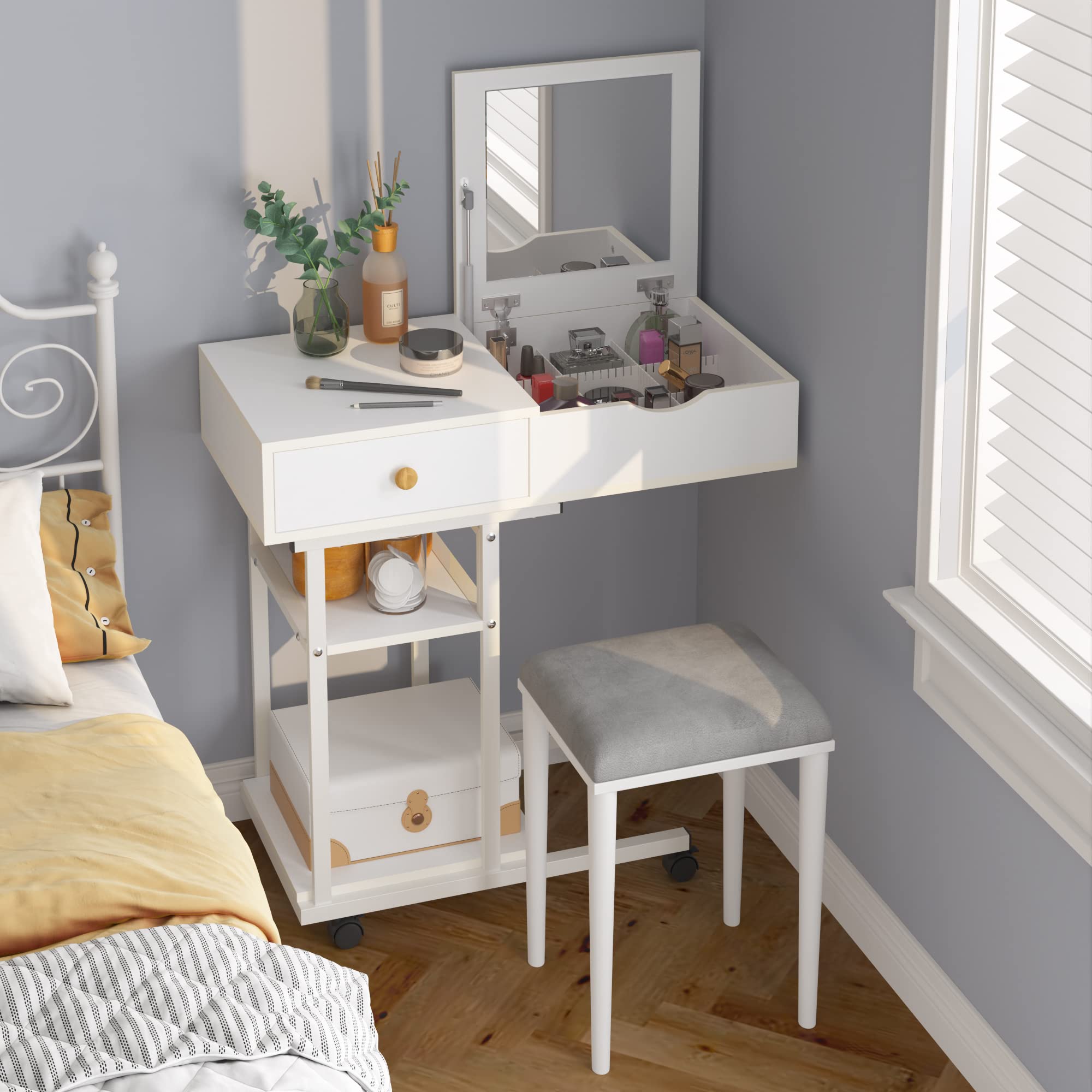 Elephance Adjustable Vanity Desk with Mirror - Compact Makeup Dressing Table & Computer Desk with Storage Drawers & Shelves for Small Bedrooms | Perfect for Daily Beauty Routine & Home Office Workspace