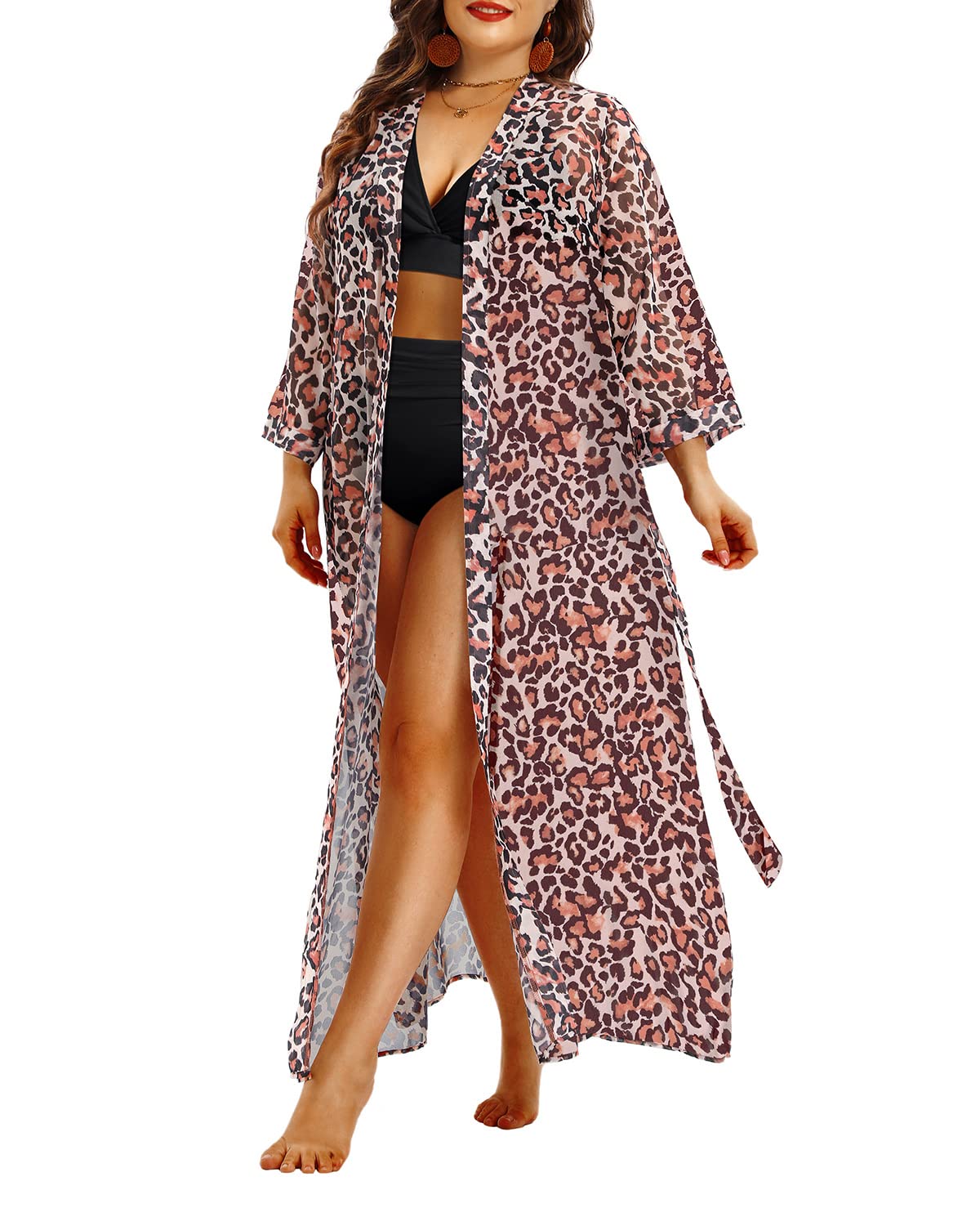 Plus Size Chiffon Beach Cover Up - Long Open Front Kimono Cardigan with Tie for Women | Perfect for Poolside, Vacation & Summer Outfits