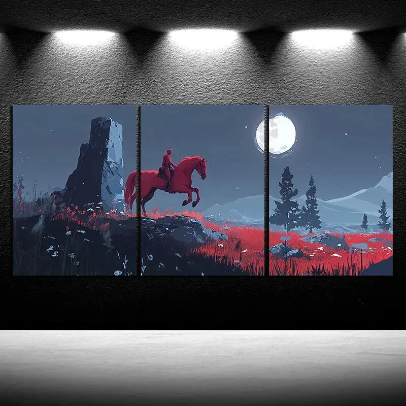 3-Piece Red Metal Wall Art Print - Horse Jumping Under Moonlight - Ready to Hang Home Decor for Living Room, Bedroom & Office