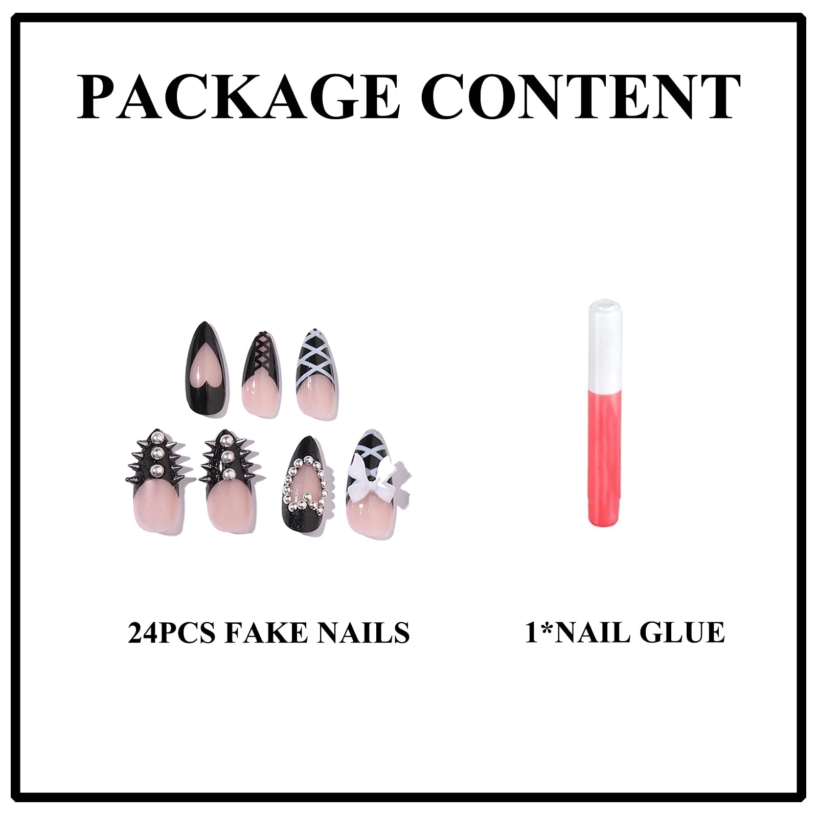 **24pcs MERVF Almond Press on Nails - Medium Fake Nails with Black French Tip, Heart Gothic Bow & Lace Design - Glossy Acrylic False Nails for Stiletto Gyaru Style | Perfect for Parties, Halloween, Cosplay & Gothic Fashion**