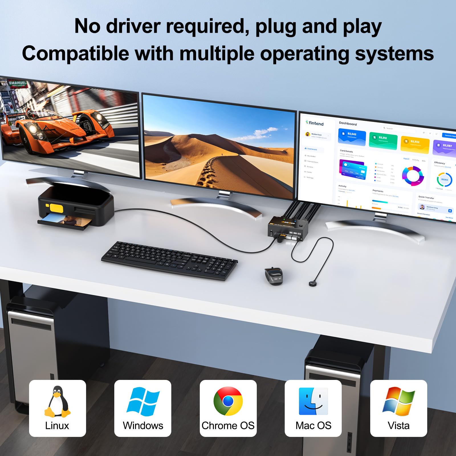 4K@144Hz 8K@60Hz KVM Switch for 3 Monitors & 2 Computers - Dual DisplayPort + HDMI USB 3.0 Hub with 4 Ports, Wired Remote, Power Adapter & USB 3.0 Cables Included - Ideal for Gaming, Office & Multi-Tasking Workstations