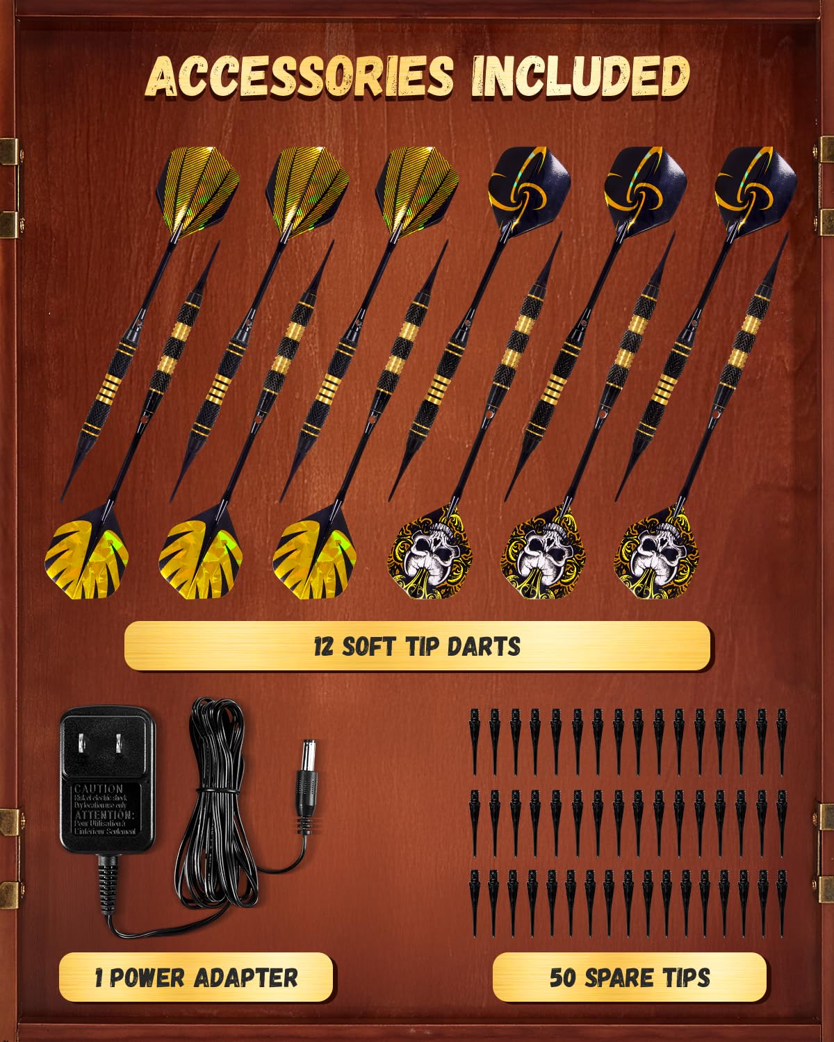 Electronic Dart Board Set for Adults - Wooden Dartboard Cabinet with 12 Bronze Soft Tip Darts & Cricket Game Mode - Perfect for Family Game Rooms, Man Caves & Bars