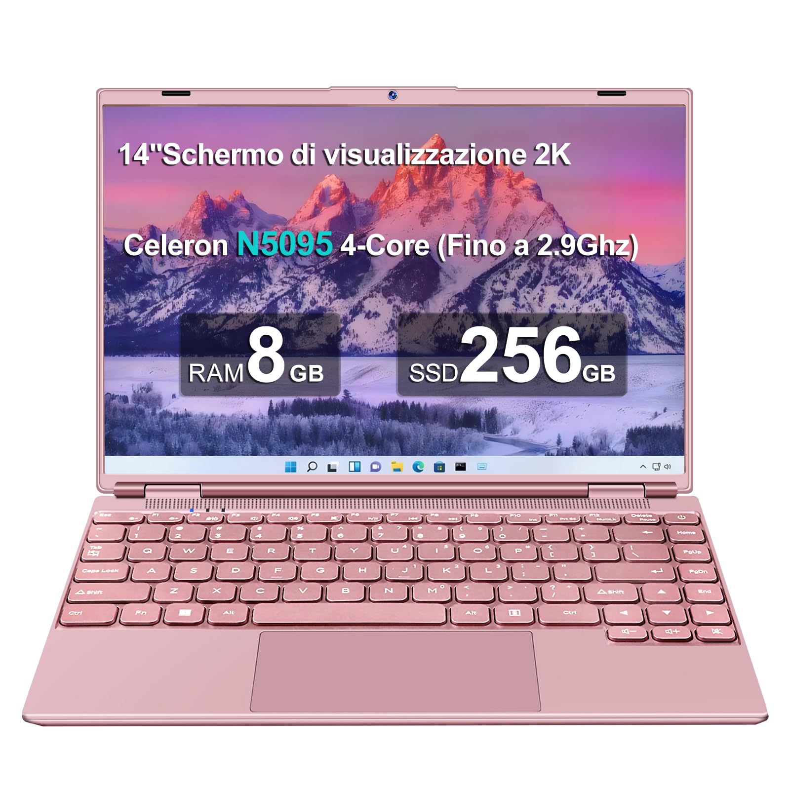 AOCWEI JSY Windows 11 Laptop - 14 Inch Notebook with Intel N5095 (Up to 2.9GHz), 8GB RAM, 256GB SSD + 1TB Expandable Storage, Dual WiFi, Cooling Fan, 1920x1200 2K FHD Display in Pink | Perfect for Work, Study & Entertainment