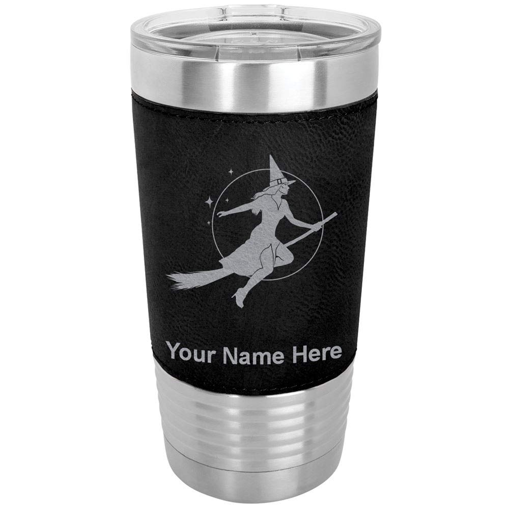 LaserGram 20oz Vacuum Insulated Stainless Steel Tumbler Mug - Halloween Witch Design with Custom Engraving, Faux Leather Wrap & Leak-Proof Lid - Perfect for Coffee, Tea & Cold Drinks at Home, Office or Travel