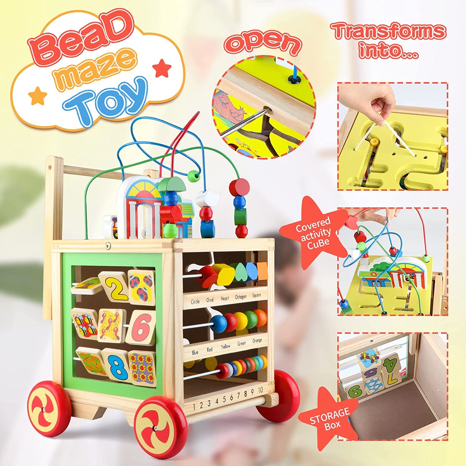 Wondertoys 6-in-1 Wooden Activity Cube - Bead Maze, Shape Sorter, Abacus & Learning Walker | Educational Baby Push Pull Toy | Perfect Gift for Toddlers 1-3 Years | Great for Early Learning & Motor Skill Development