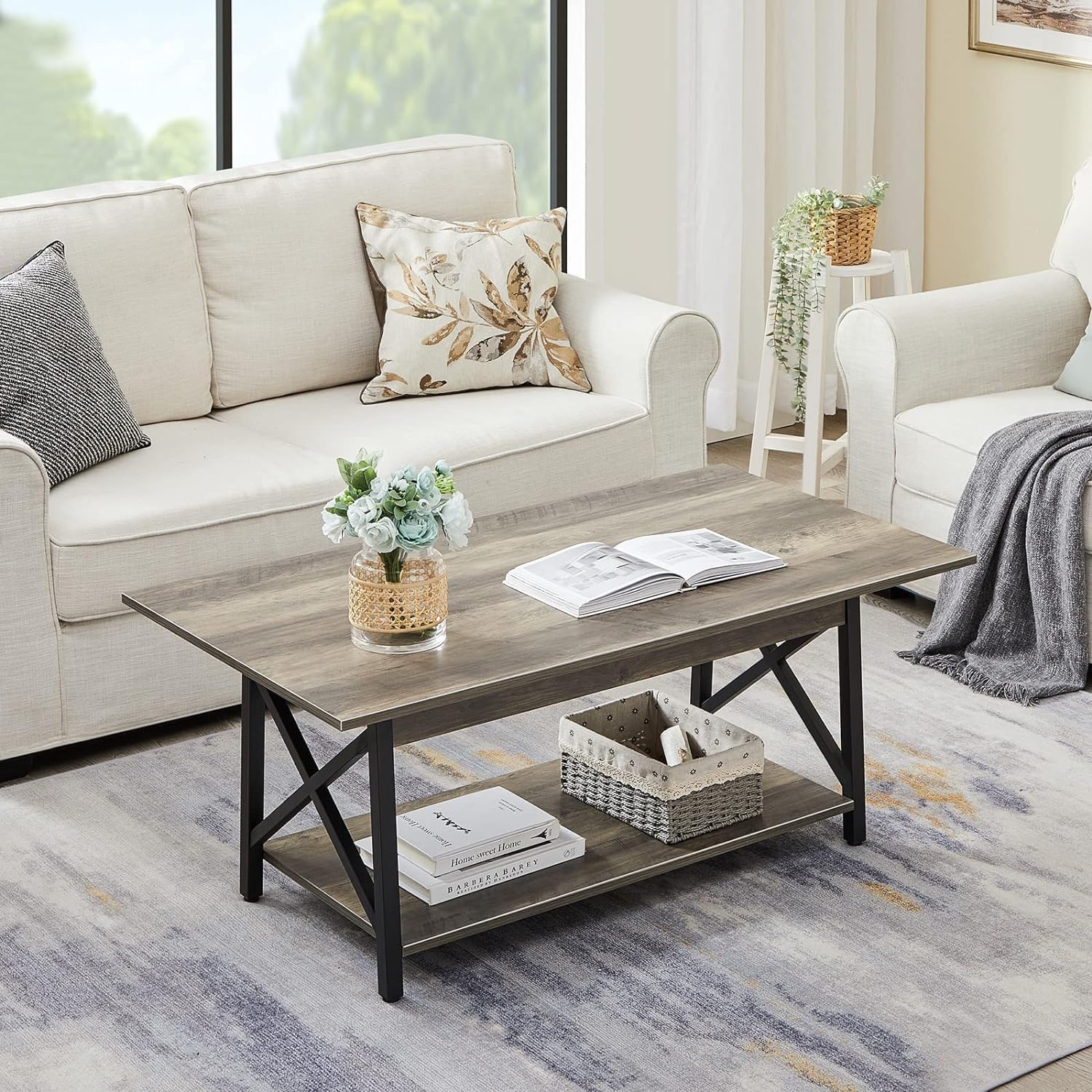 Modern Grey Wash Coffee Table with Storage - X-Frame Design for Small Living Rooms