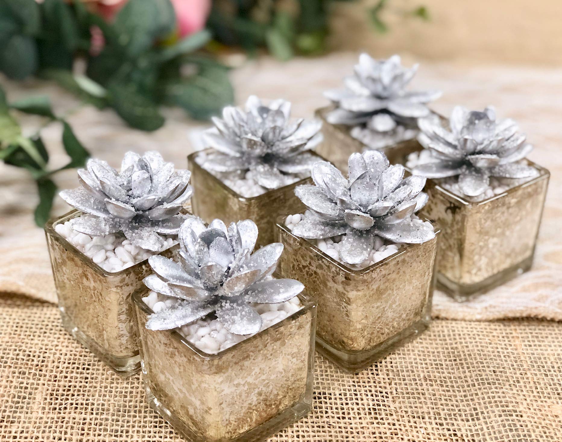 Angel Isabella Set of 6 Artificial Succulent Plants in Square Pots - Gold or Silver (Silver) | Home Office Desk Decor, Wedding Centerpiece, Housewarming Gift