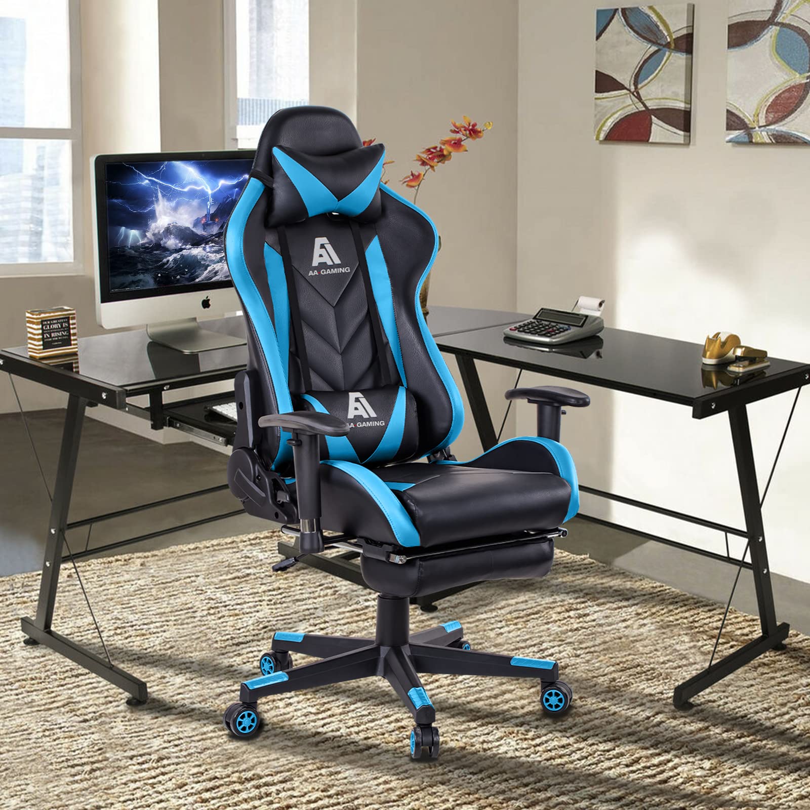 Premium Gaming Chair - High Back Ergonomic Racing Office Chair with Adjustable Height, Footrest & Lumbar Support - Swivel Computer Chair for PC Gaming, Streaming & Home Office (Black & Blue) - Perfect for Esports, Work from Home & Long Gaming Sessions