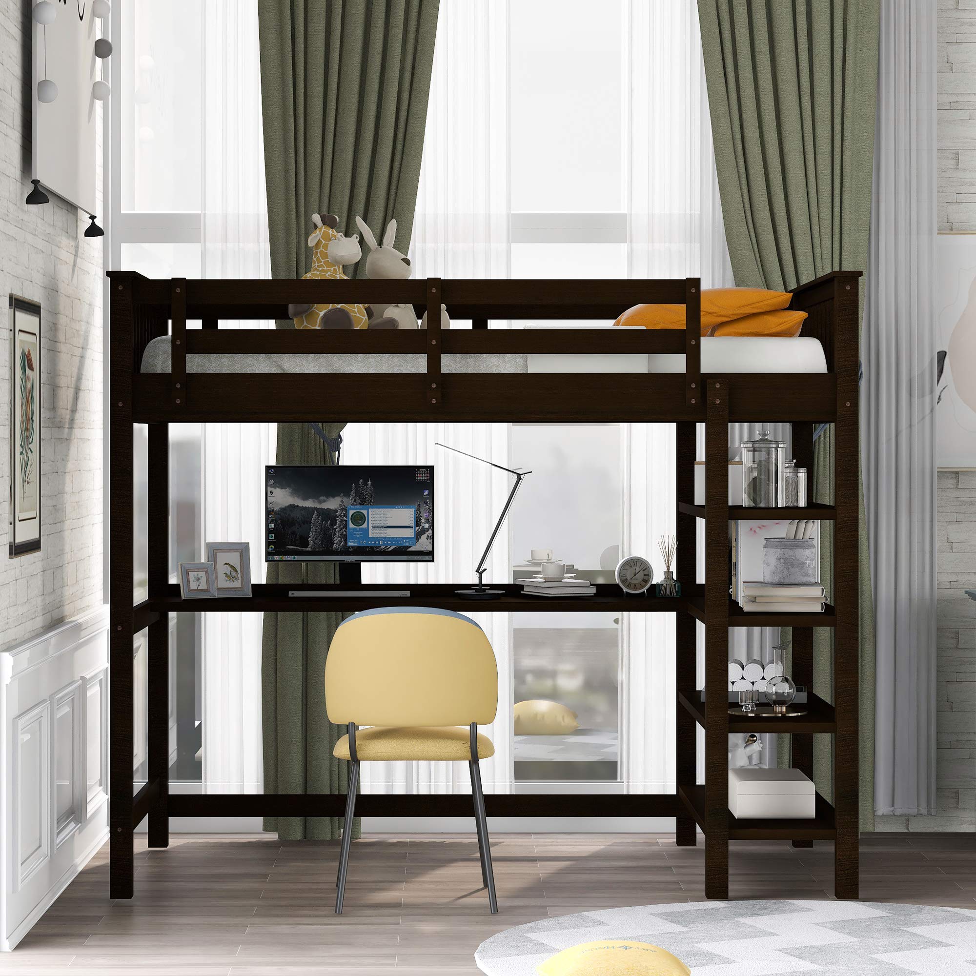 **Wooden Loft Bed Frame with Storage Shelves & Under-Bed Desk - Full-Length Guardrail & Built-in Ladder - Twin Size Espresso Finish - Perfect for Kids, Teens & Adults - Space-Saving Solution for Small Bedrooms, Dorms & Apartments**