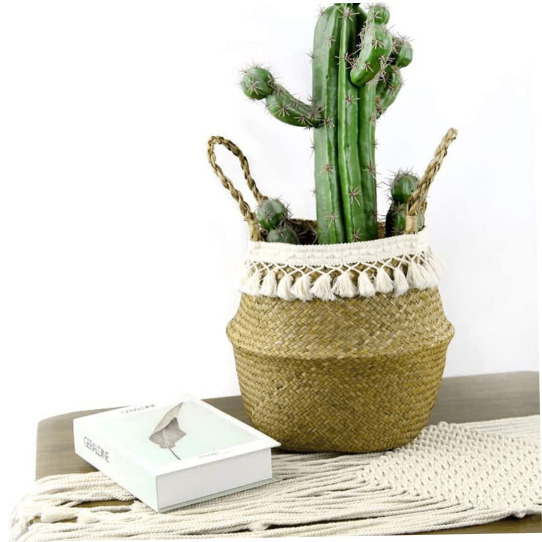 Natural Seagrass Woven Basket with Handles - Foldable Plant Pot, Home Decor Storage Organizer for Laundry, Flowers & Organizing | Stylish White Tassel Accent | Perfect for Boho Home Decor, Bathroom Storage & Nursery Organization