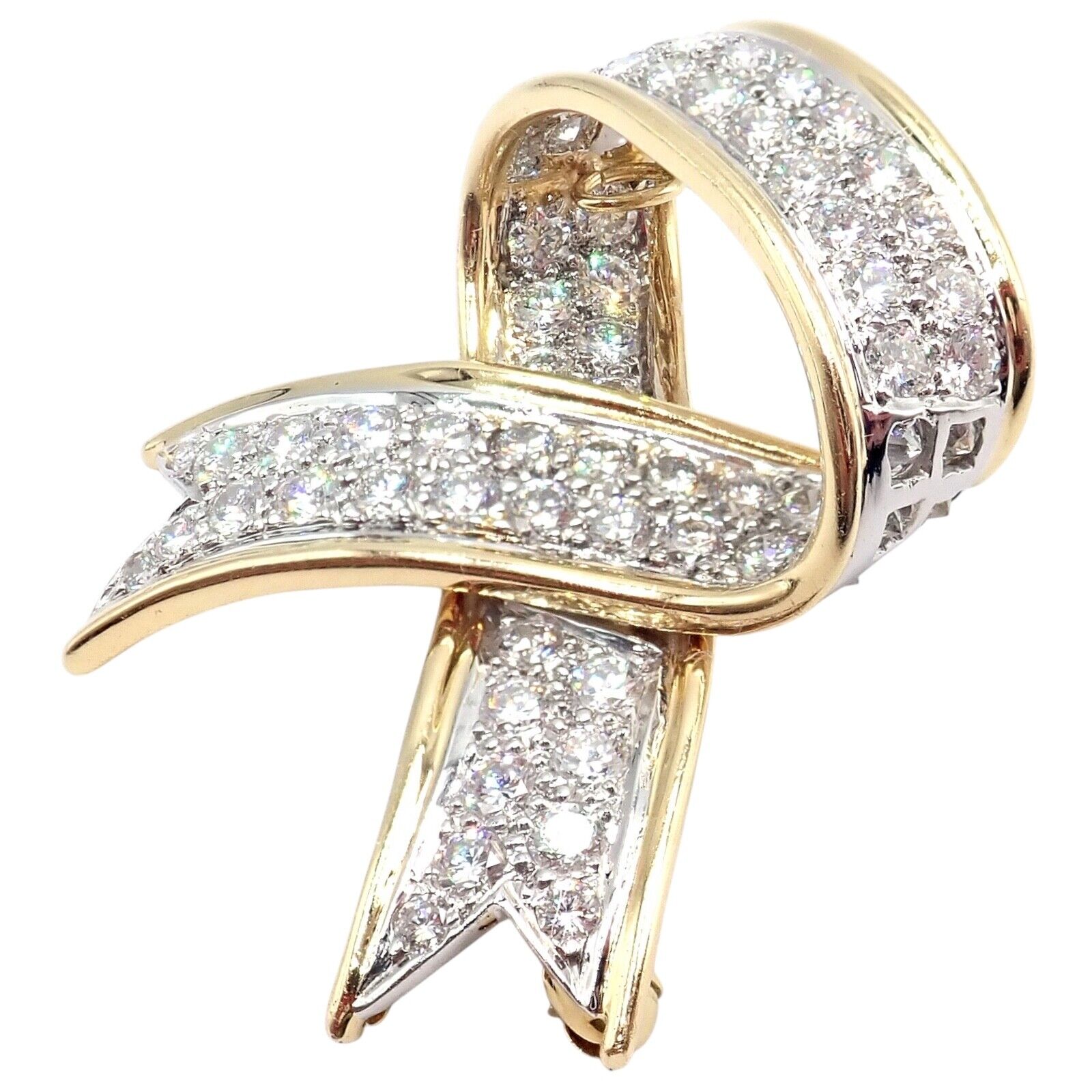 Vintage Tiffany & Co 18k Yellow Gold Platinum Diamond Ribbon Bow Pin Brooch - Elegant Jewelry for Women, Perfect for Weddings, Parties & Special Occasions
