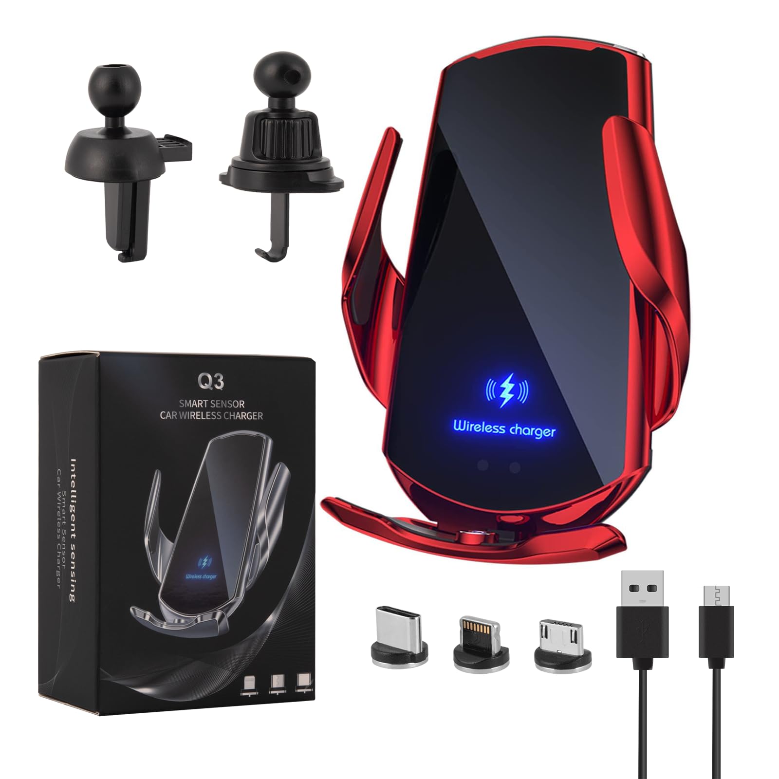 15W Fast Wireless Car Charger - Auto-Clamping Vent Mount Phone Holder for iPhone & Android - Red - Perfect for Commuting & Road Trips