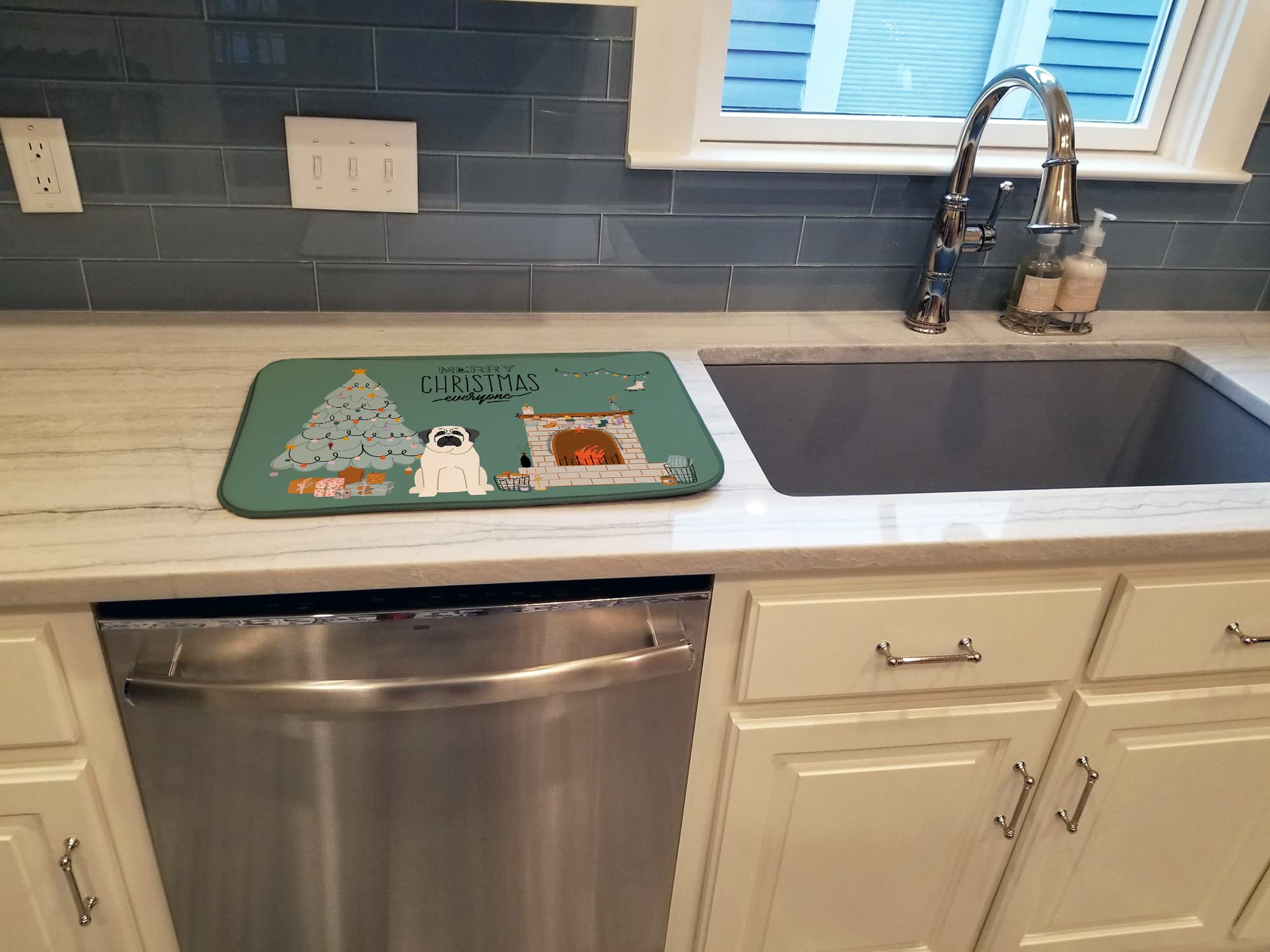 White Mastiff Christmas Dish Drying Mat - Absorbent Kitchen Counter Pad for Holiday Decor