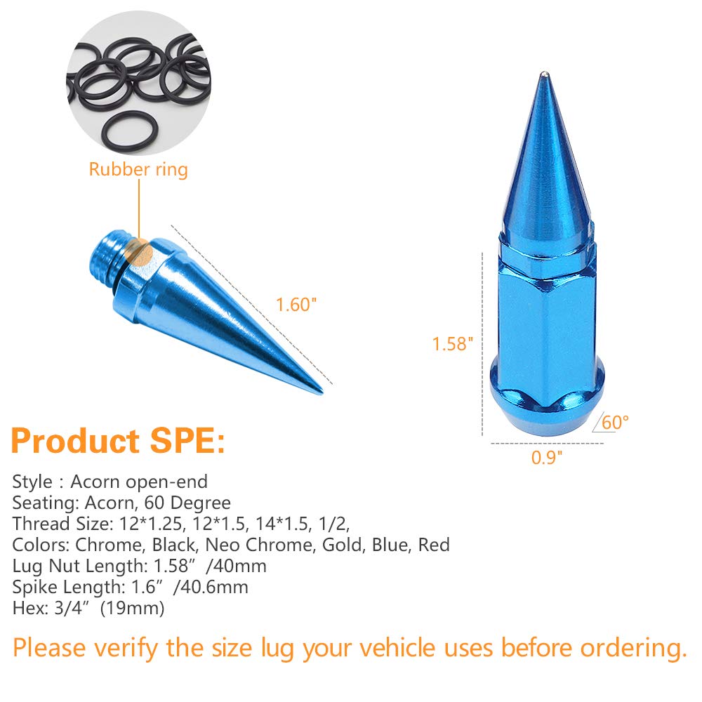32-Piece M1/2-20 Universal 2-Piece Extended Spike Lug Nuts - Conical Seat Hex 3/4