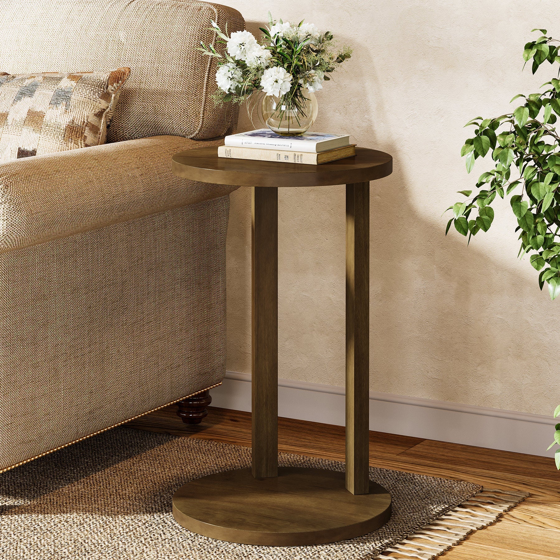 Round End Table with 2 Tiers & Solid Wood Legs - Stylish Side Table for Living Room, Bedroom, or Office Décor