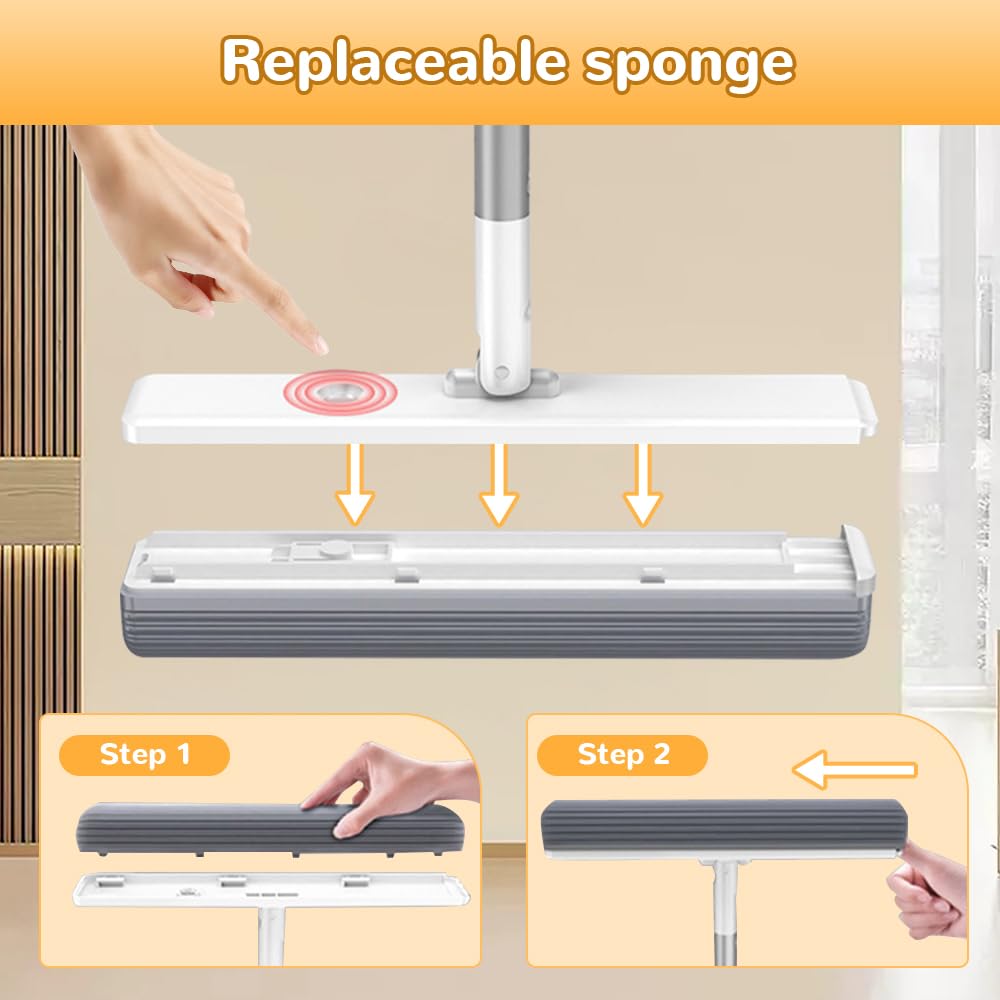 Self-Wringing Sponge Mop for Floor Cleaning - Hands-Free Roller Sponge Mop with 4 Replaceable Heads - Ideal for Kitchen, Bathroom & Hardwood Floors - Easy Self-Washing & Squeezing Design for Effortless Cleaning