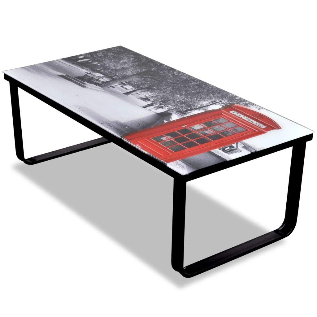 Modern Glass End Table with Telephone Booth Print - Easy to Clean Coffee Table for Living Room, Patio & Study | Perfect for Small Spaces, Home Decor & Conversation Starter