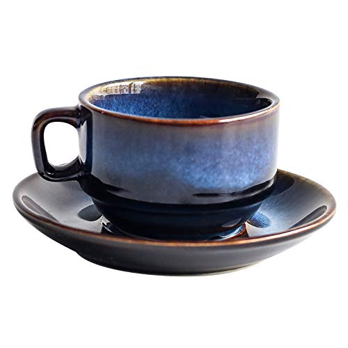 Premium Deep Blue Ceramic Coffee Cup and Saucer Set - 4-Piece Elegant Tea Cup Set for Espresso, Latte & Cappuccino - Perfect for Home, Office & Cafe Use