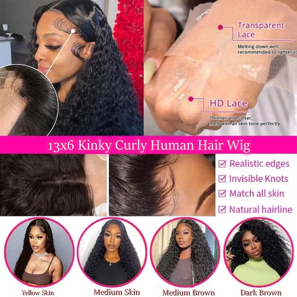 13x6 Kinky Curly HD Lace Front Wig Human Hair - Glueless 220% Density Pre-Plucked with Baby Hair | Short Curly Lace Front Wigs for Women | Perfect for Daily Wear, Parties & Cosplay (16 Inch)