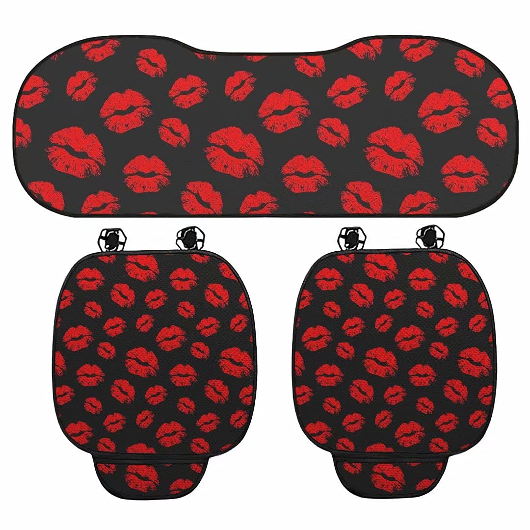 YoungerBaby Red Kiss Lips Print Car Seat Covers - 3-Piece Set for Front & Back Seats (Sedan/Truck) - Soft Cushion Protection with Stylish Design - Perfect for Women's Cars, Daily Commute & Road Trips