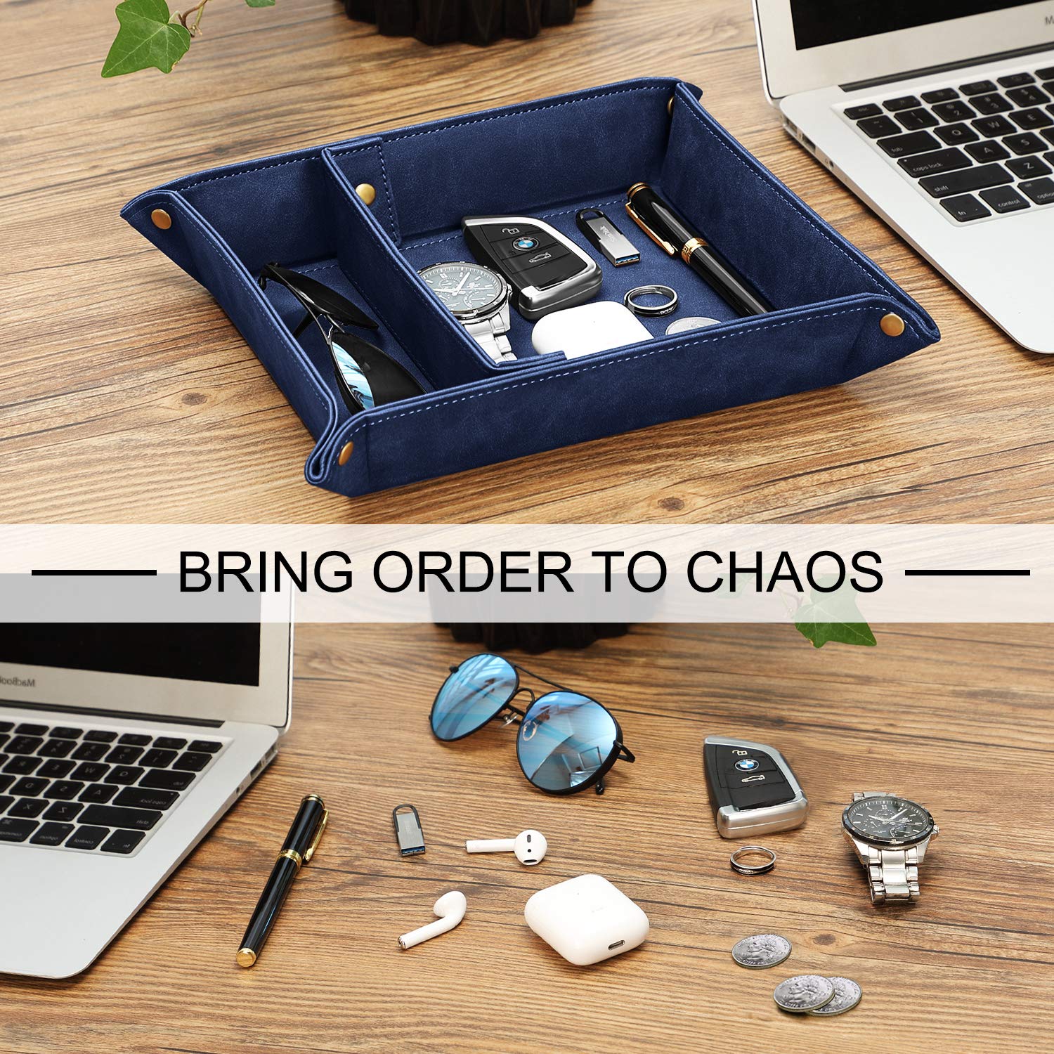SITHON Valet Tray with Removable 2 Compartments - Dark Blue Desktop Organizer for Jewelry, Keys, Coins & Essentials | Perfect for Bedside, Vanity, Nightstand & Office Desk Storage