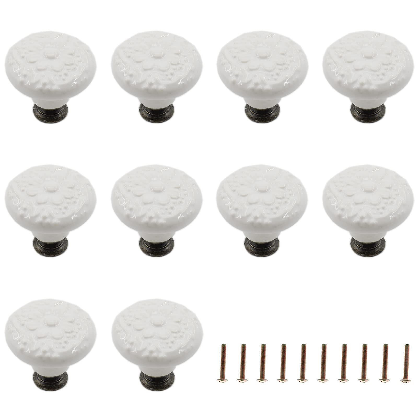 10 Pack White Ceramic Knobs - Decorative Cabinet & Drawer Pull Handles for Furniture, Cupboard, Closet, Dresser, Bookcase & Shelves - Includes Mounting Screws - Perfect for Home Renovation & DIY Projects