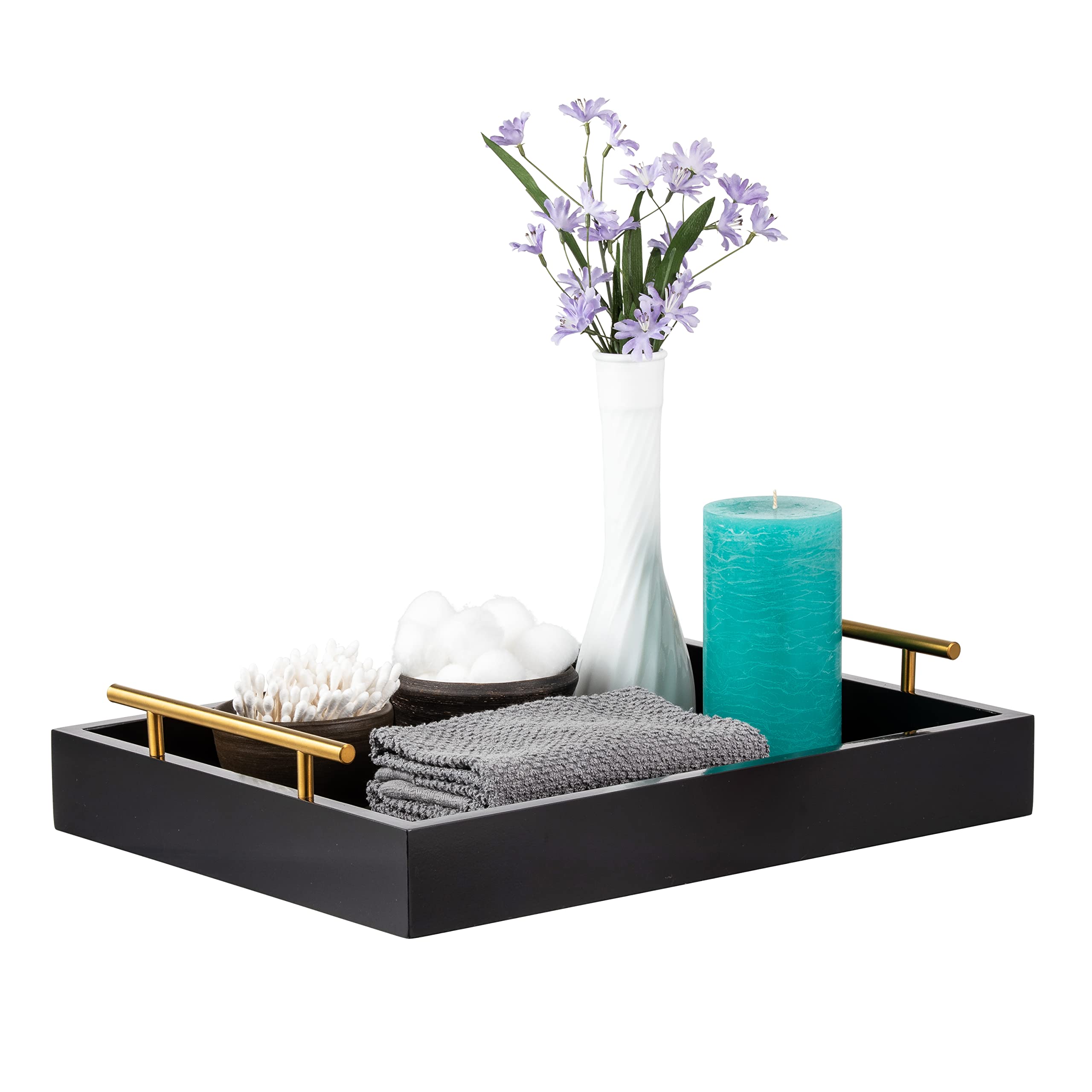 Premium Black Wooden Serving Tray with Metal Handles - 16