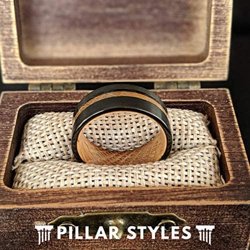 **8mm Black Tungsten & Reclaimed Bourbon Wood Wedding Band for Men - Comfort Fit Whiskey Barrel Ring - Unique Anniversary Gift for Him - Perfect for Outdoor, Casual & Formal Occasions**