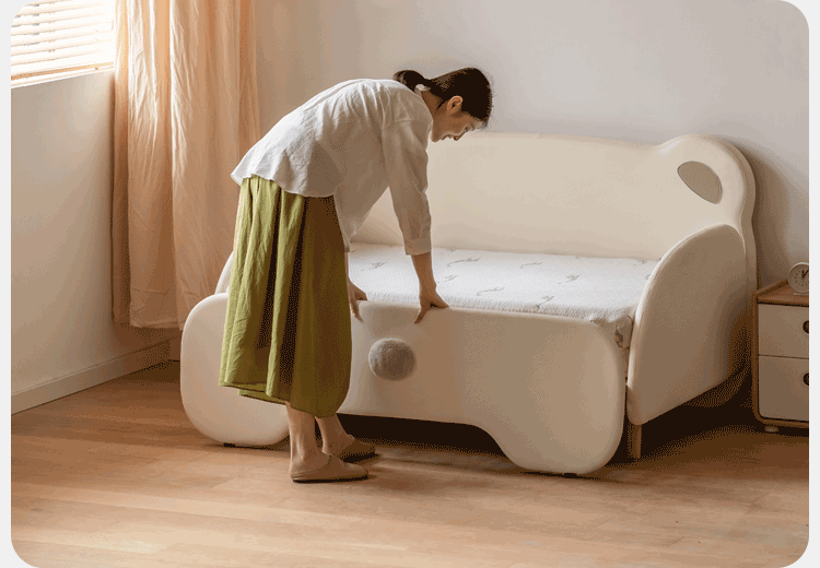 Organic Birch Solid Wood Retractable Kids Bed with Genuine Leather - Perfect for Toddler Rooms, Daycare Centers & Small Spaces
