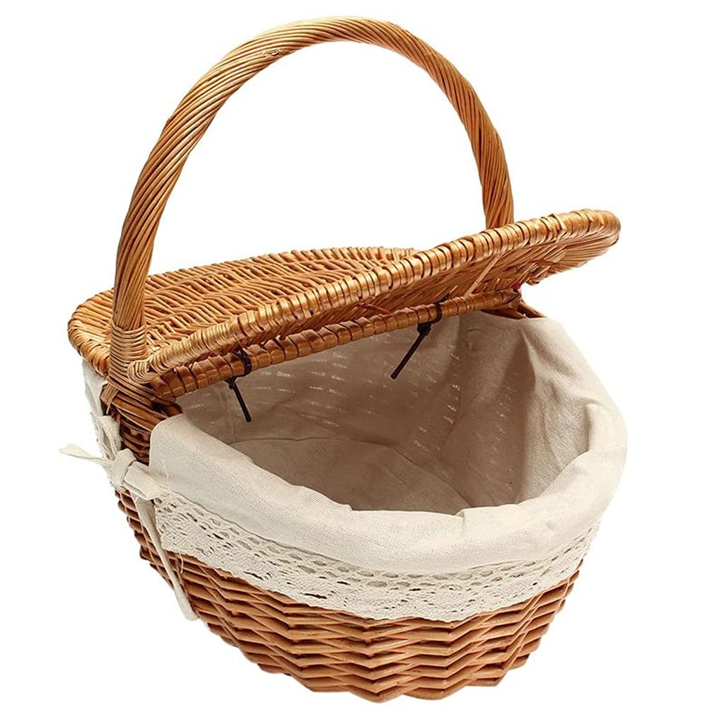 EYHLKM Wicker Picnic Basket with Lid & Handle - Natural Willow Storage Hamper with White Liner for Outdoor Camping, Beach Picnics, Grocery Shopping & Home Decor