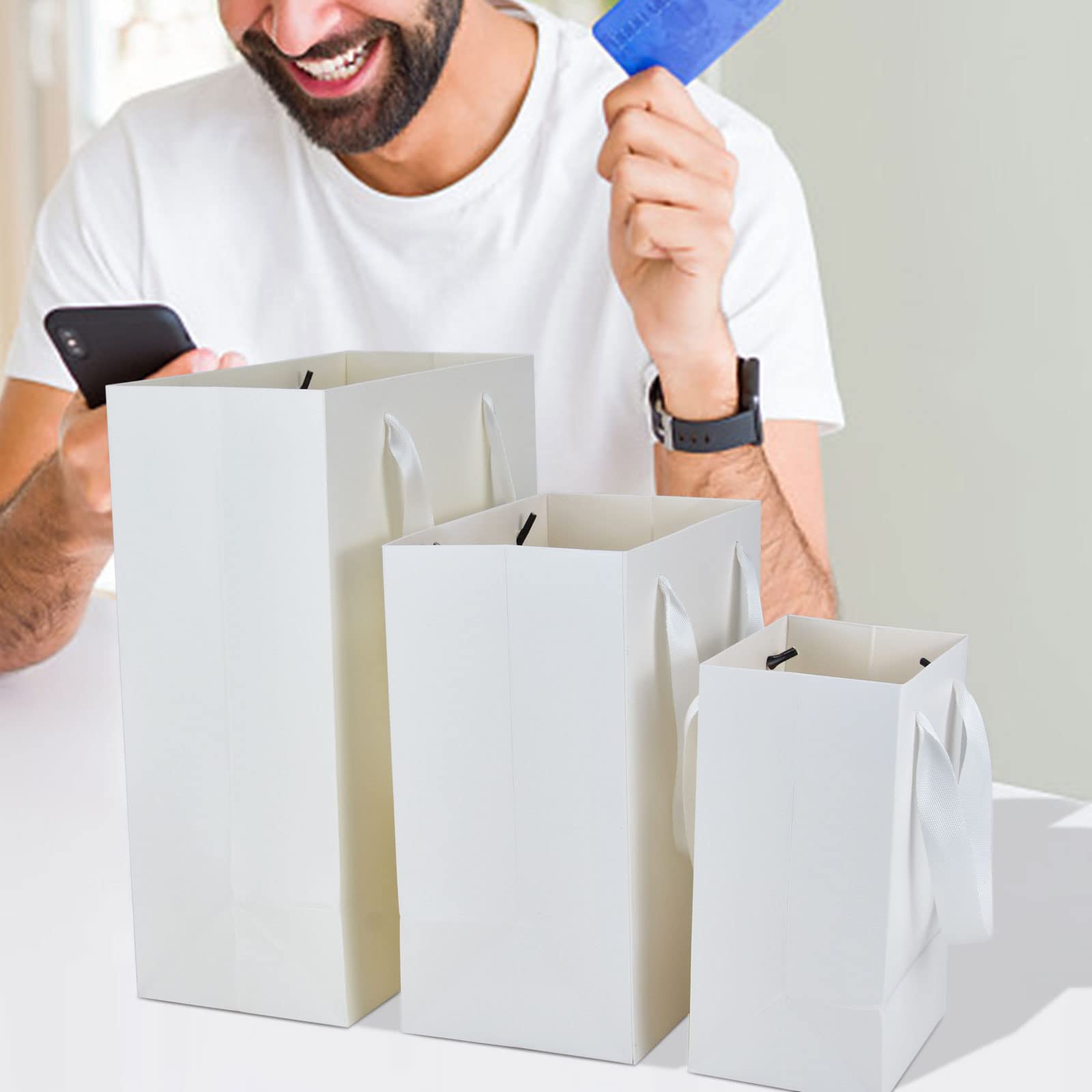HUAPRINT 30 Pack Kraft Paper Bags - White Gift Bags with Handles, Shopping Bags for Retail (5.25X3.75X8, 8X5X10, 10X5X13 Inches, 10 Each) - Perfect for Merchandise Packaging, Party Favors & Boutique Stores