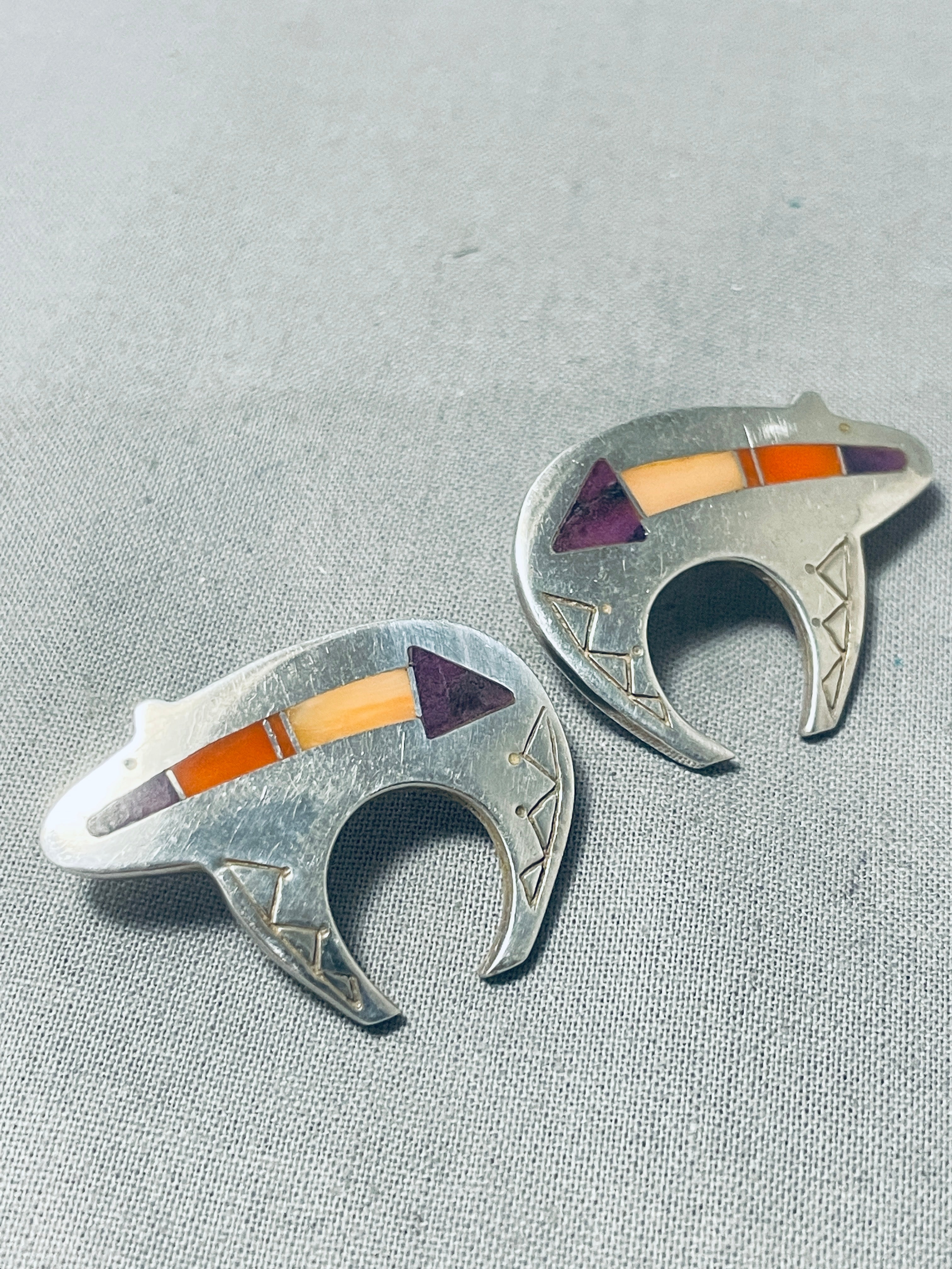 Authentic Vintage Navajo Signed Inlay Sugilite Sterling Silver Bear Earrings - Handcrafted Native American Jewelry for Women, Perfect for Boho, Festival & Everyday Wear