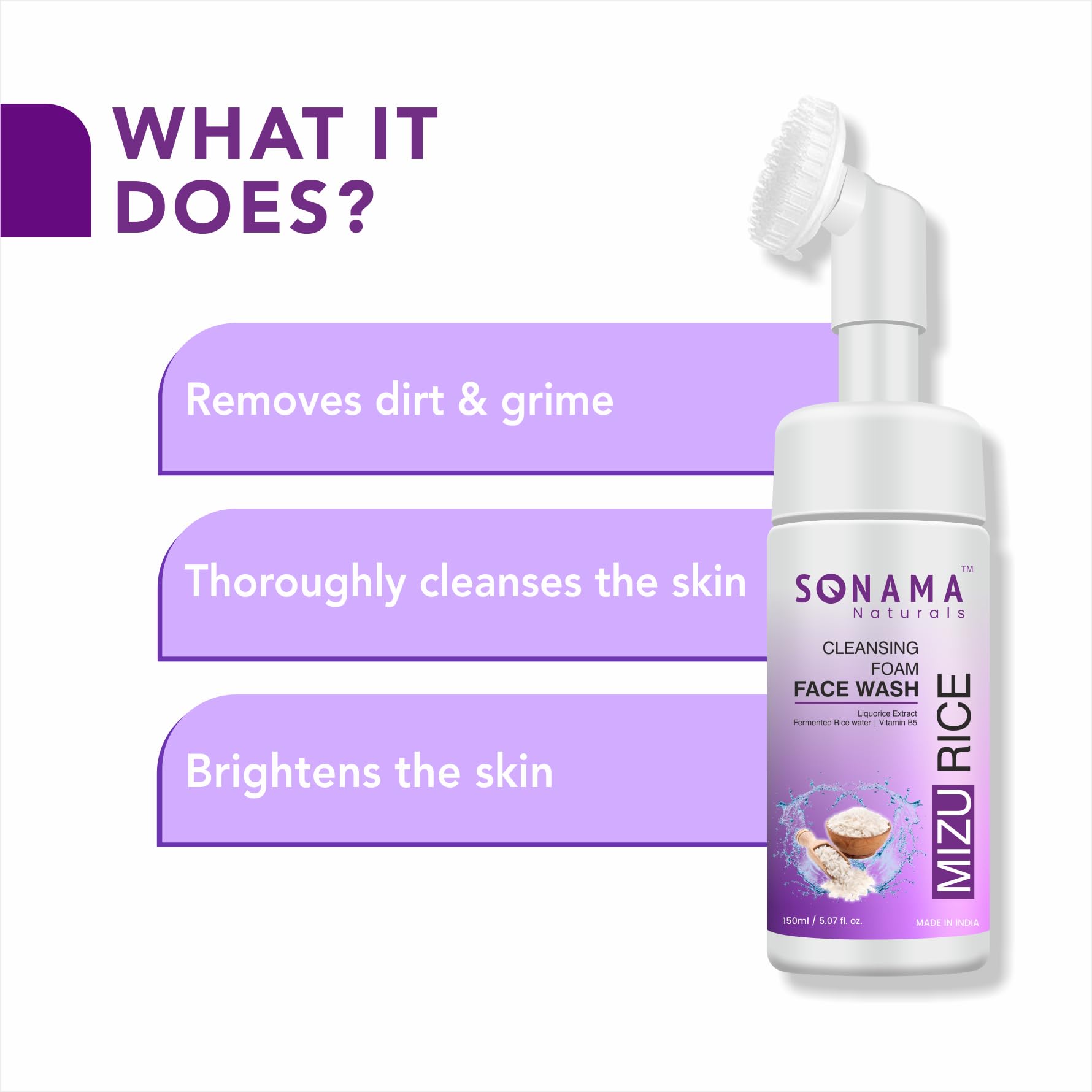 Sonama Naturals Mizu Rice Foaming Face Wash - 150ml | Rice Water Cleanser for Oily, Dry & Acne-Prone Skin | Brightening & Whitening Facial Wash for Men & Women | Daily Skincare Routine for Clean, Glowing Skin