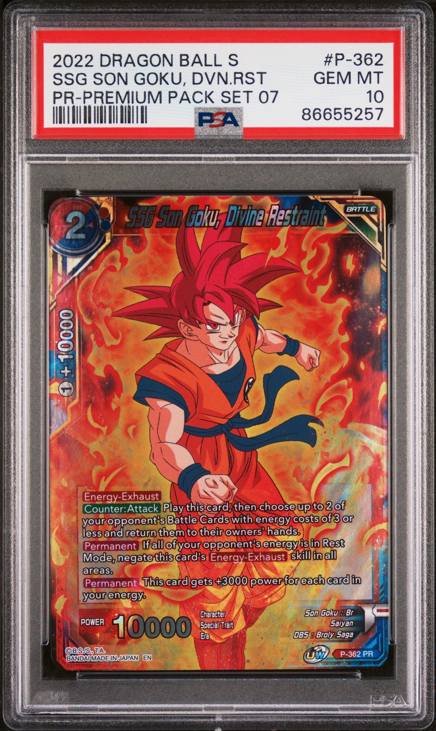 2022 Dragon Ball Super Realm of the Gods 7 SSG Goku DVN Rstrnt #P 362 PSA 10 Graded Card - Perfect for Collectors, Anime Fans & Investment - Display in Home, Office or Gaming Room