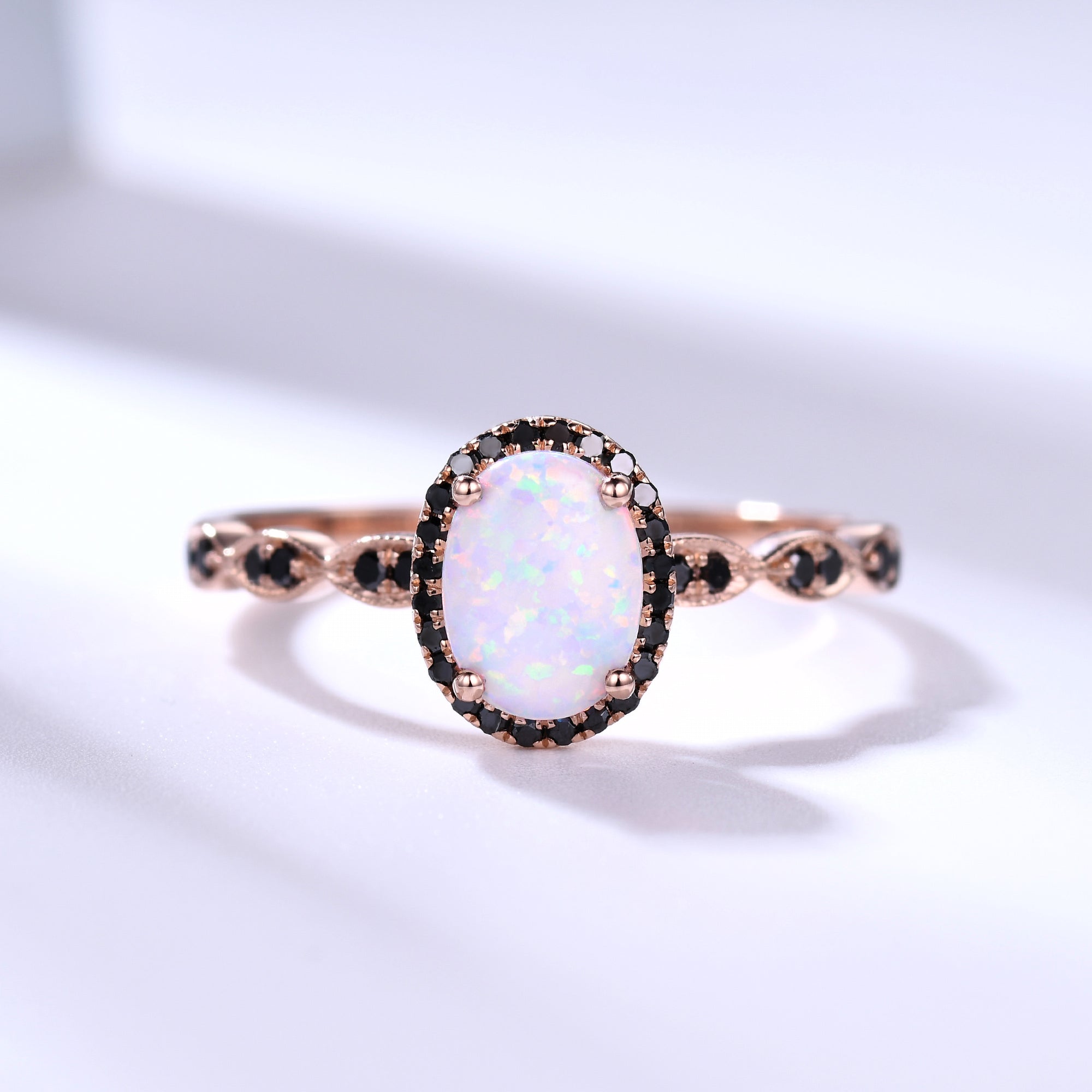 Exquisite Art Deco Opal & Black Diamond Engagement Ring in Rose Gold with Milgrain Detailing - Perfect for Vintage-Inspired Wedding Proposals & Anniversary Gifts