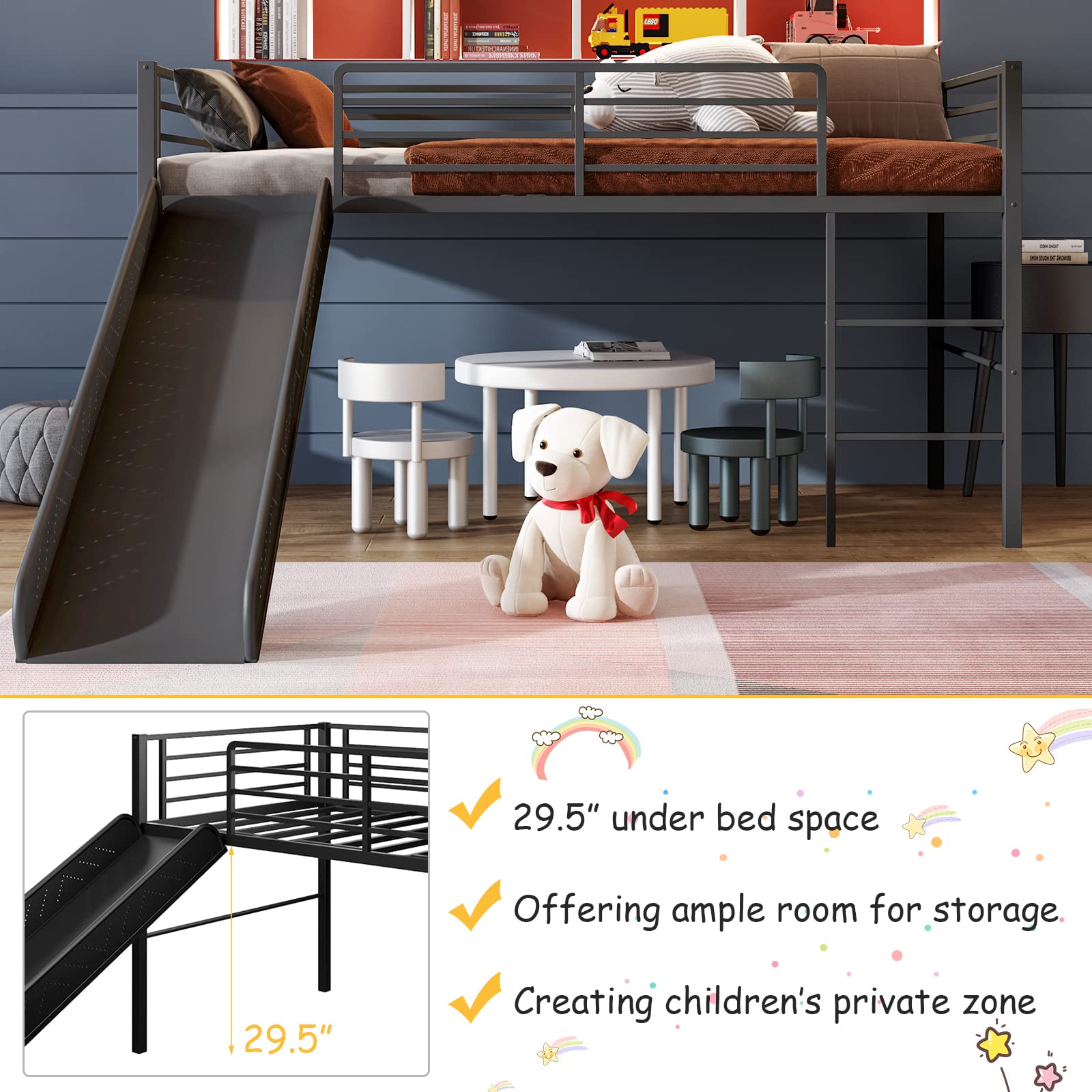 Giantex Twin Loft Bed with Slide - Sturdy Metal Low Bunk Bed for Kids with Safety Guardrails & Built-in Ladder - Toddler Bed Floor Frame for Boys & Girls - No Box Spring Needed - Perfect for Small Bedrooms & Shared Kids' Rooms (Black)