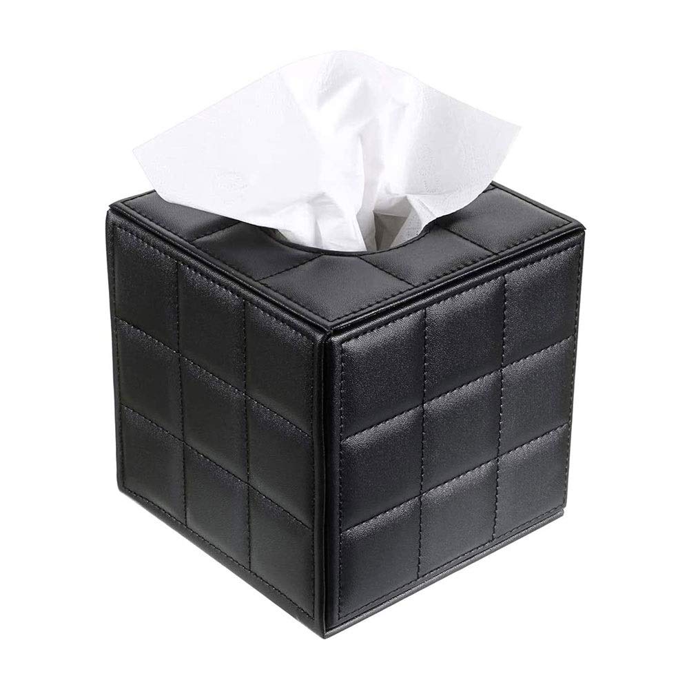 Muuunann Stylish PU Leather Tissue Box Holder - Square Napkin Dispenser with Magnetic Bottom for Home, Office, Car | Decorative Grid Black Design | Perfect for Living Room, Bedroom, Desk & Automotive Use