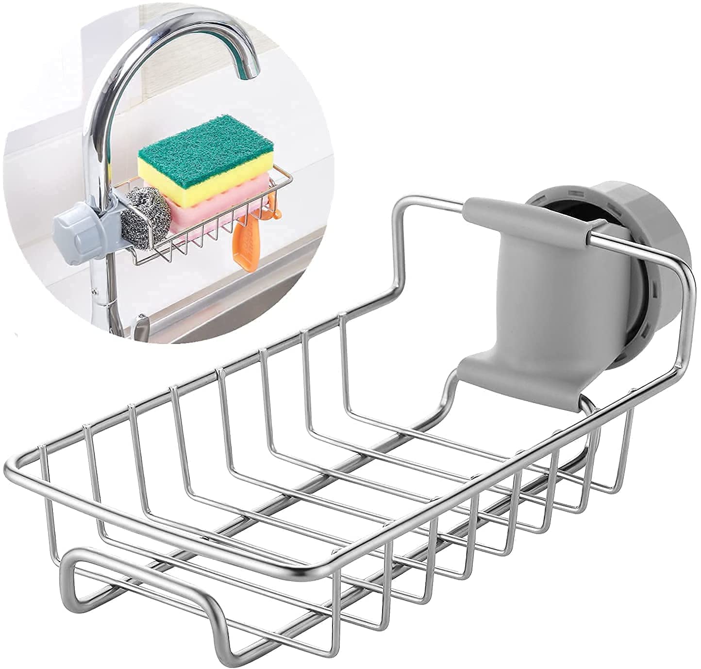 Adjustable Kitchen Sink Faucet Organizer Rack - Soap Holder & Sponge Caddy for Bathroom or Kitchen - Durable Stainless Steel (Silver, Pack of 1) - Perfect for Organizing Scrubbers, Sponges & Soap by Sink or Bathtub