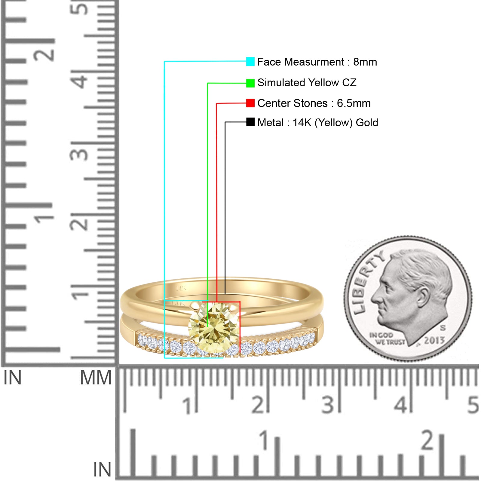 14K Yellow Gold Round Solitaire & Half Eternity Band Wedding Ring Set with CZ Stones - Perfect for Bridal Jewelry, Anniversary Gifts, and Special Occasions