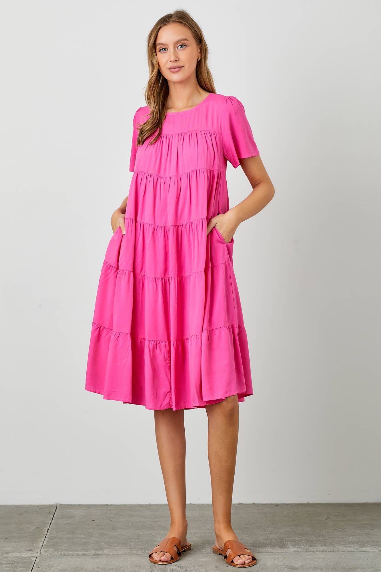 Elegant Fuchsia Tiered Midi Dress with Flowy Sleeves - Women's Casual Summer Dress for Beach, Wedding & Party Wear