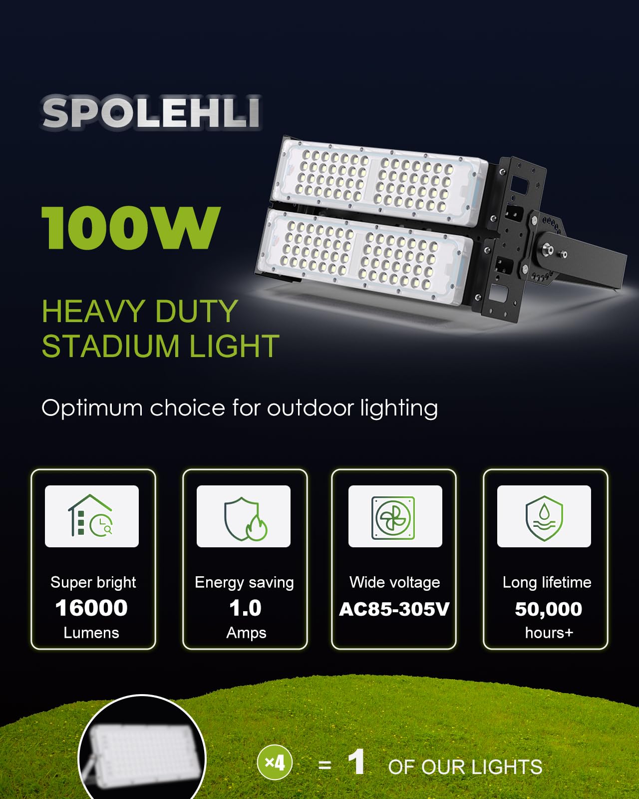 600W LED Stadium Flood Lights - 16000LM Super Bright, IP66 Waterproof, 6500K Daylight White - 100W Equivalent Energy Saving Outdoor Arena Lights (85-305V) with 5-Year Warranty - Perfect for Sports Fields, Parking Lots, and Large Outdoor Venues