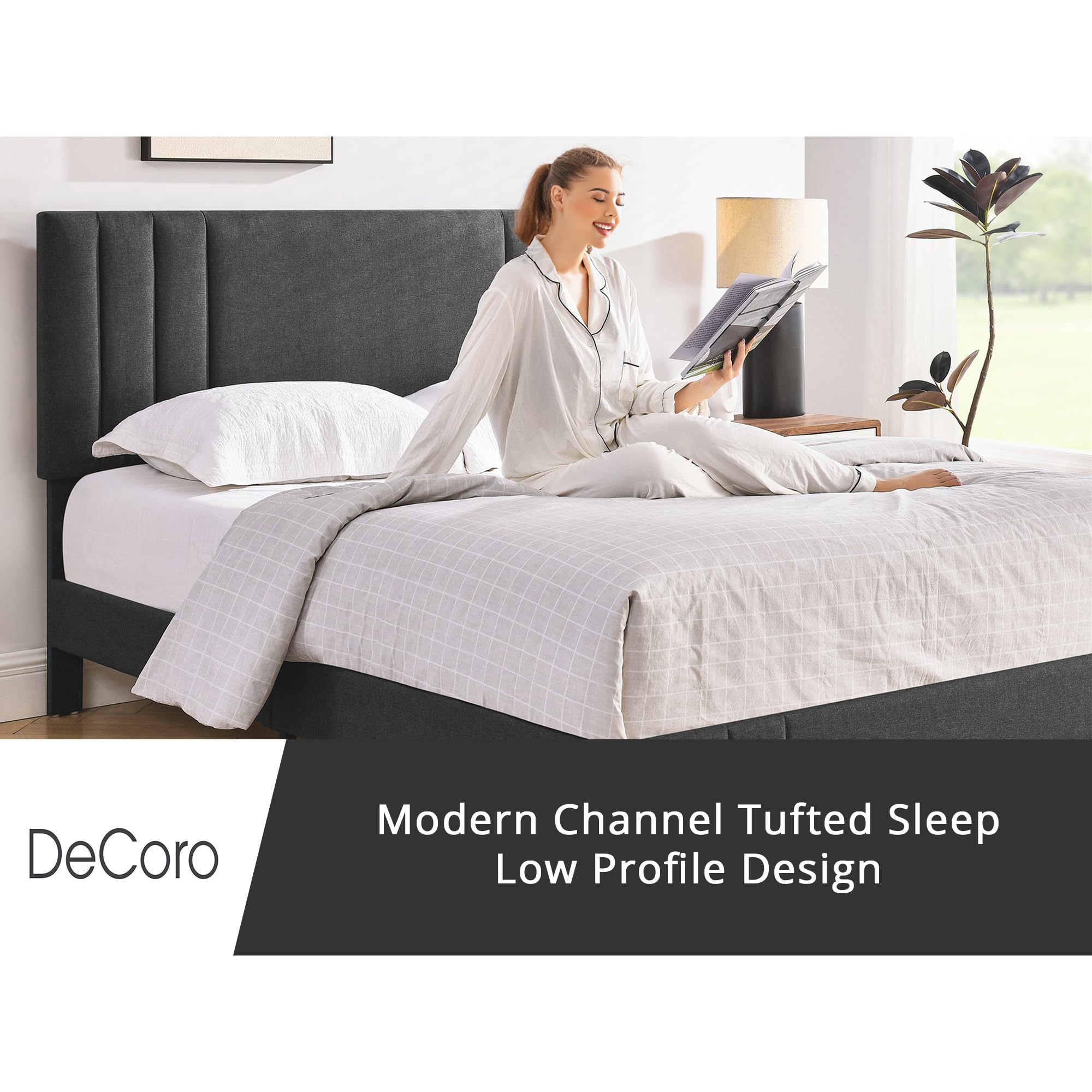 Modern Tufted Upholstered Platform Queen Bed Frame - Dark Grey Fabric Headboard - Chicago Style Bedroom Furniture for Master Bedroom & Guest Room